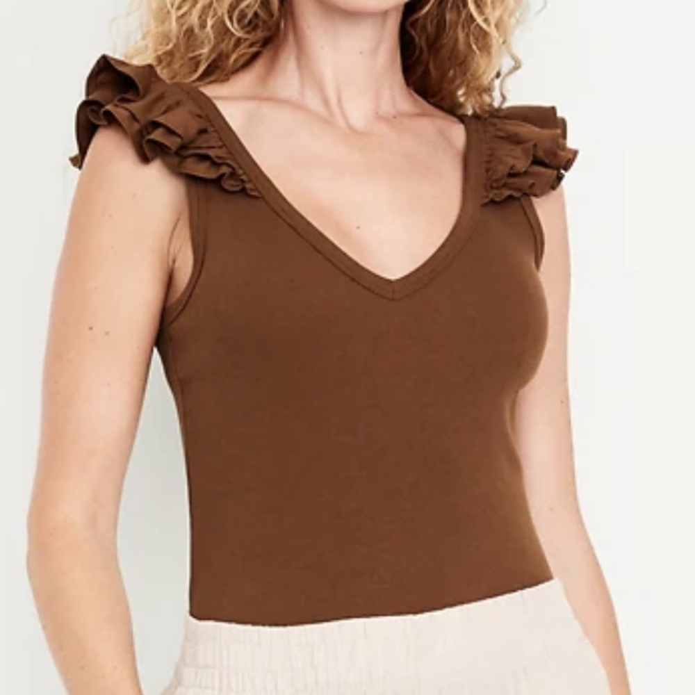 NWT - Old Navy Ruffle Trim Mixed Material Brown Cotton Stretch Top- Size XL Tall